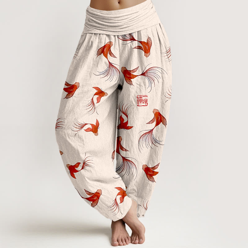 Pantalones harén de algodón puro con estampado de Buddha Stones y estampado de peces koi para mujer, cintura elástica - PapayaWhip - US16，UK/AU20，EU48 (3XL) - image 0