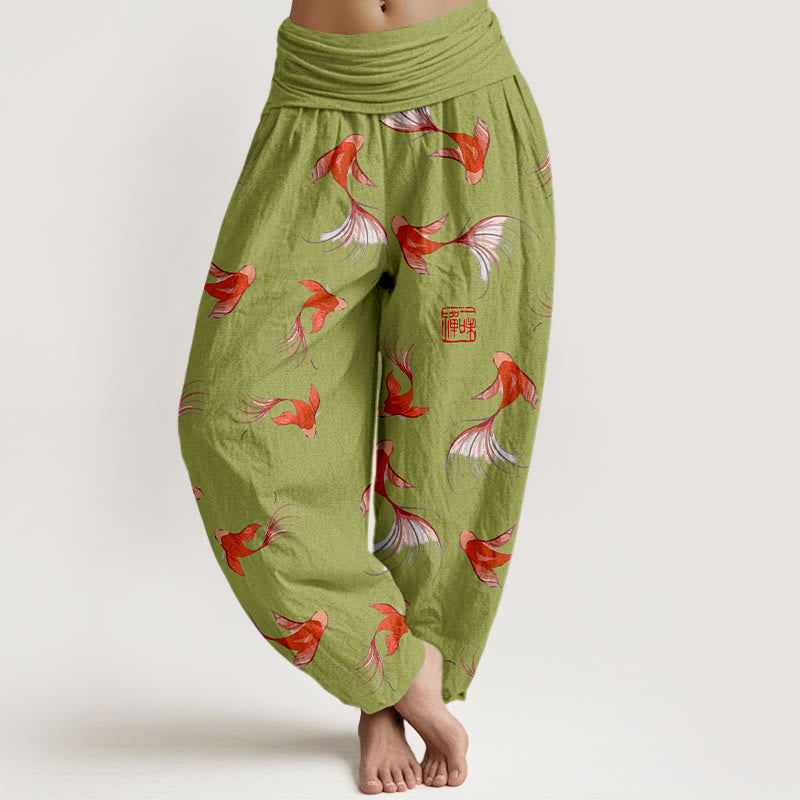 Pantalones harén de algodón puro con estampado de Buddha Stones y estampado de peces koi para mujer, cintura elástica - Verde amarillento - US16，UK/AU20，EU48 (3XL) - image 5