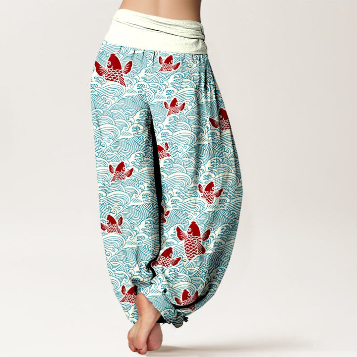 Pantalones harén de algodón puro con cintura elástica para mujer, estampado de Buddha Stones y peces koi y ondas - image 2