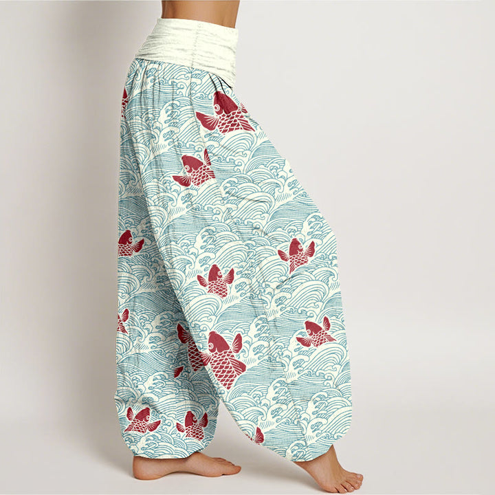 Pantalones harén de algodón puro con cintura elástica para mujer, estampado de Buddha Stones y peces koi y ondas - image 1