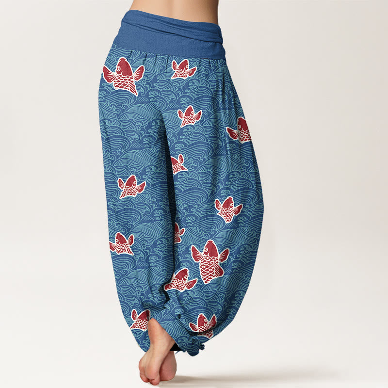 Pantalones harén de algodón puro con cintura elástica para mujer, estampado de Buddha Stones y peces koi y ondas - image 7