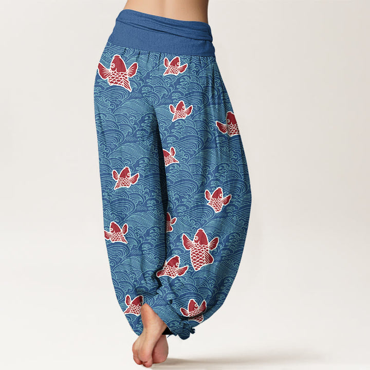 Pantalones harén de algodón puro con cintura elástica para mujer, estampado de Buddha Stones y peces koi y ondas - image 7