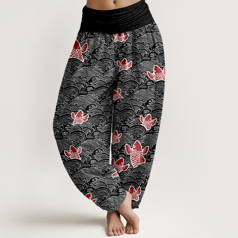 Pantalones harén de algodón puro con cintura elástica para mujer, estampado de Buddha Stones y peces koi y ondas - Negro - US16，UK/AU20，EU48 (3XL) - image 8