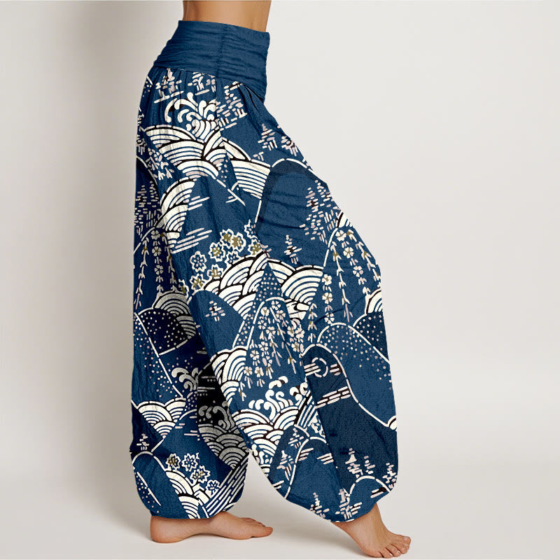 Pantalones harén de algodón puro con cintura elástica para mujer, estampado floral, con Buddha Stones y olas de montañas - image 1