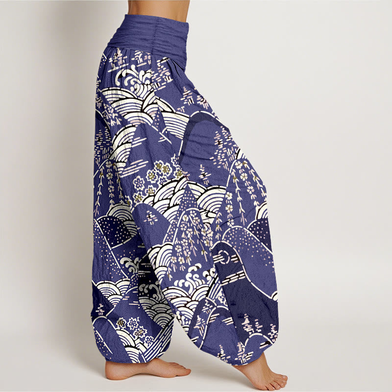 Pantalones harén de algodón puro con cintura elástica para mujer, estampado floral, con Buddha Stones y olas de montañas - image 6