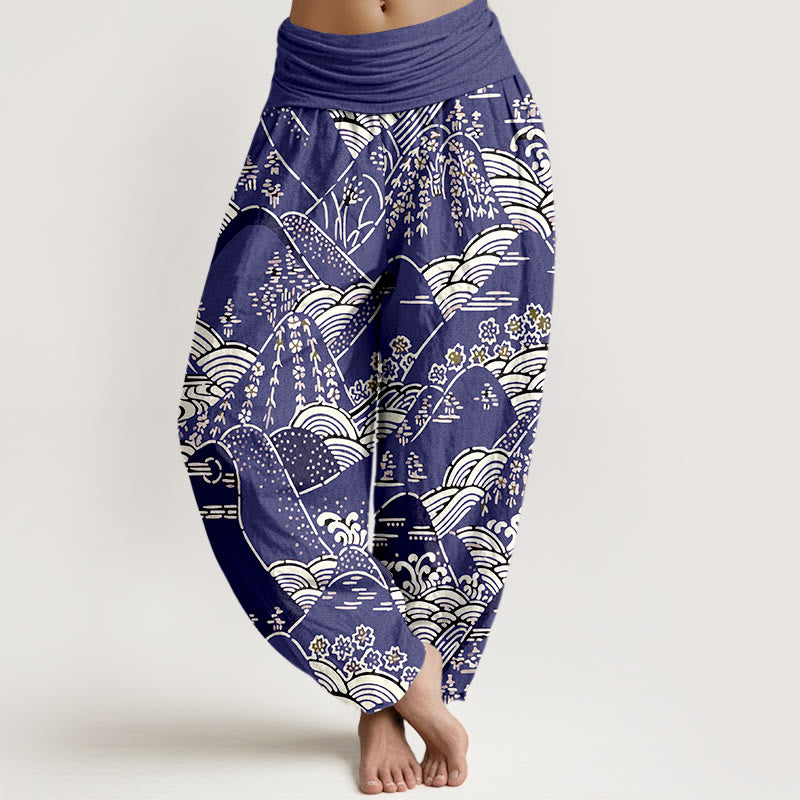 Pantalones harén de algodón puro con cintura elástica para mujer, estampado floral, con Buddha Stones y olas de montañas - Índigo - US16，UK/AU20，EU48 (3XL) - image 5