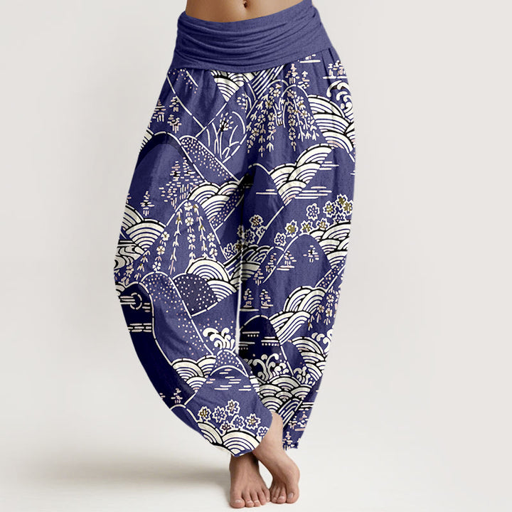 Pantalones harén de algodón puro con cintura elástica para mujer, estampado floral, con Buddha Stones y olas de montañas - Índigo - US16，UK/AU20，EU48 (3XL) - image 5