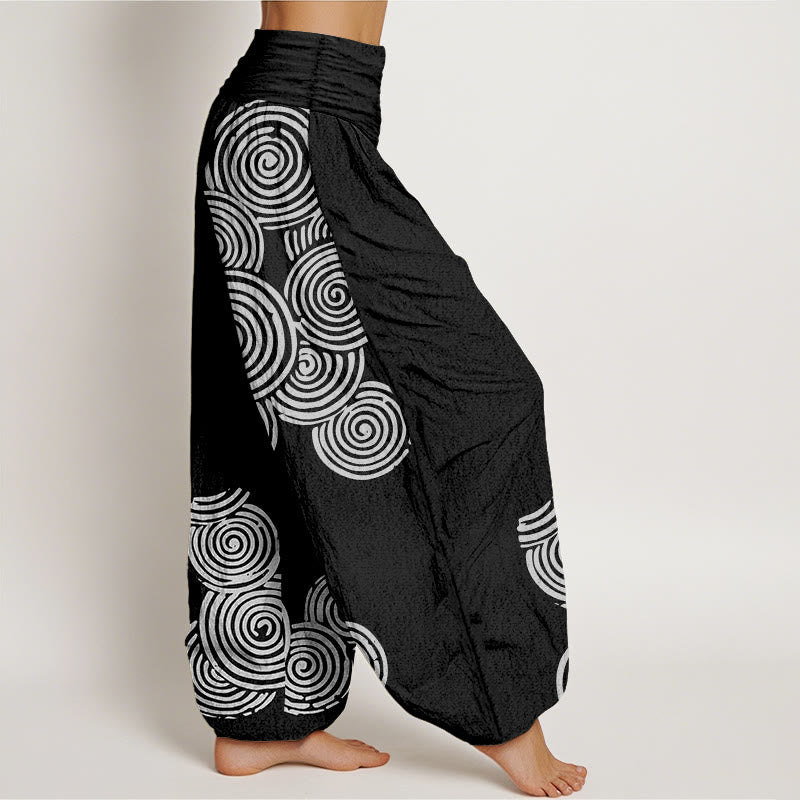 Pantalones harén de algodón puro con cintura elástica para mujer, estampados en espiral blanco y Buddha Stones - image 6