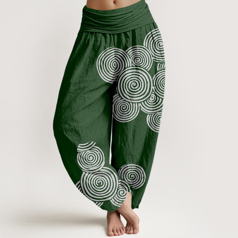 Pantalones harén de algodón puro con cintura elástica para mujer, estampados en espiral blanco y Buddha Stones - Verde oscuro - US16，UK/AU20，EU48 (3XL) - image 8