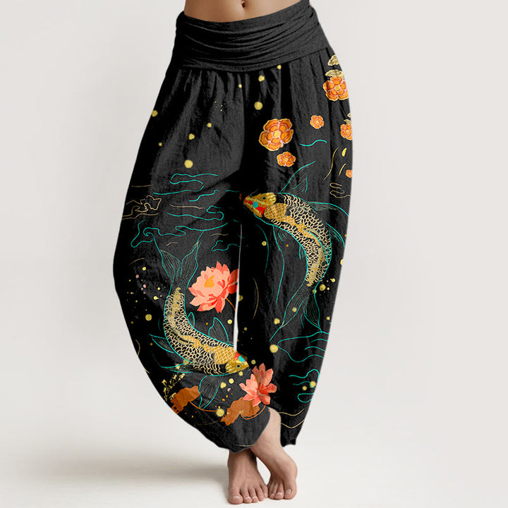 Pantalones harén de algodón puro con estampado de loto y pez koi de Buddha Stones para mujer, cintura elástica - Negro - US16，UK/AU20，EU48 (3XL) - image 0
