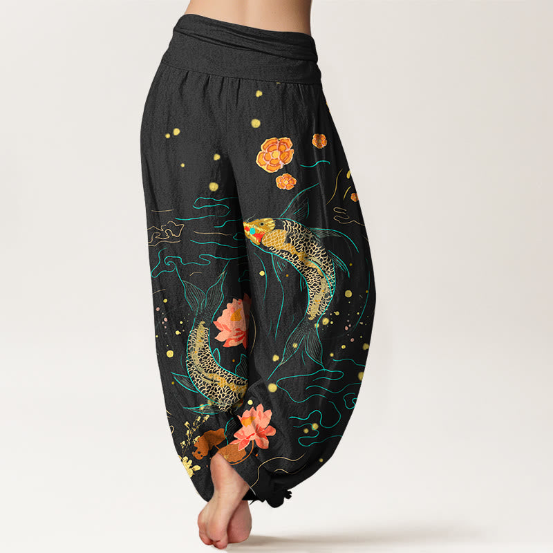 Pantalones harén de algodón puro con estampado de loto y pez koi de Buddha Stones para mujer, cintura elástica - image 2
