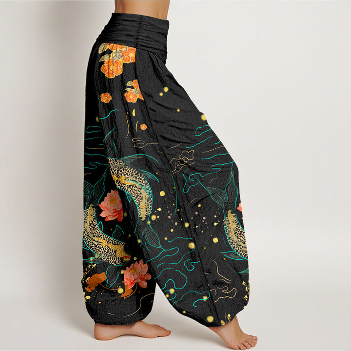 Pantalones harén de algodón puro con estampado de loto y pez koi de Buddha Stones para mujer, cintura elástica - image 1