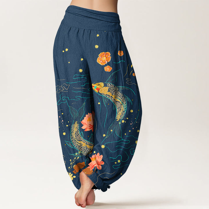 Pantalones harén de algodón puro con estampado de loto y pez koi de Buddha Stones para mujer, cintura elástica - image 7