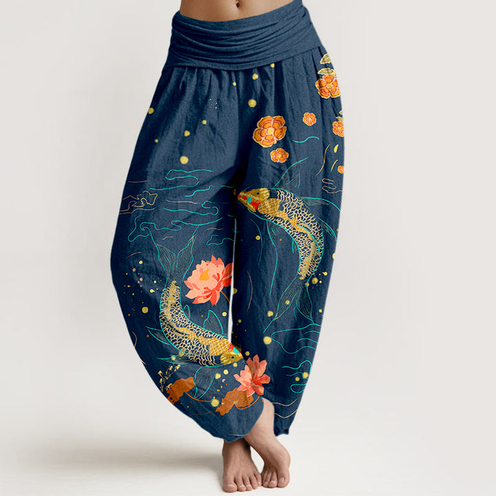 Pantalones harén de algodón puro con estampado de loto y pez koi de Buddha Stones para mujer, cintura elástica - Azul oscuro - US16，UK/AU20，EU48 (3XL) - image 5