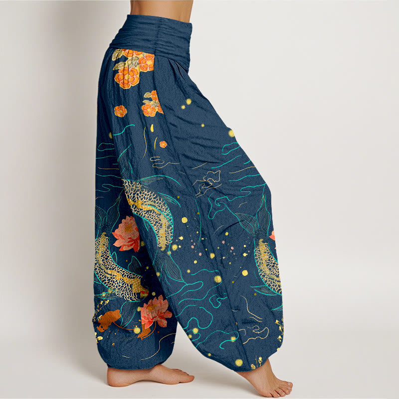 Pantalones harén de algodón puro con estampado de loto y pez koi de Buddha Stones para mujer, cintura elástica - image 6