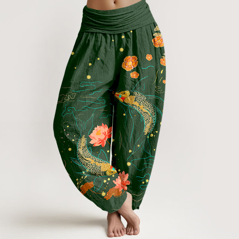 Pantalones harén de algodón puro con estampado de loto y pez koi de Buddha Stones para mujer, cintura elástica - Verde oscuro - US16，UK/AU20，EU48 (3XL) - image 8