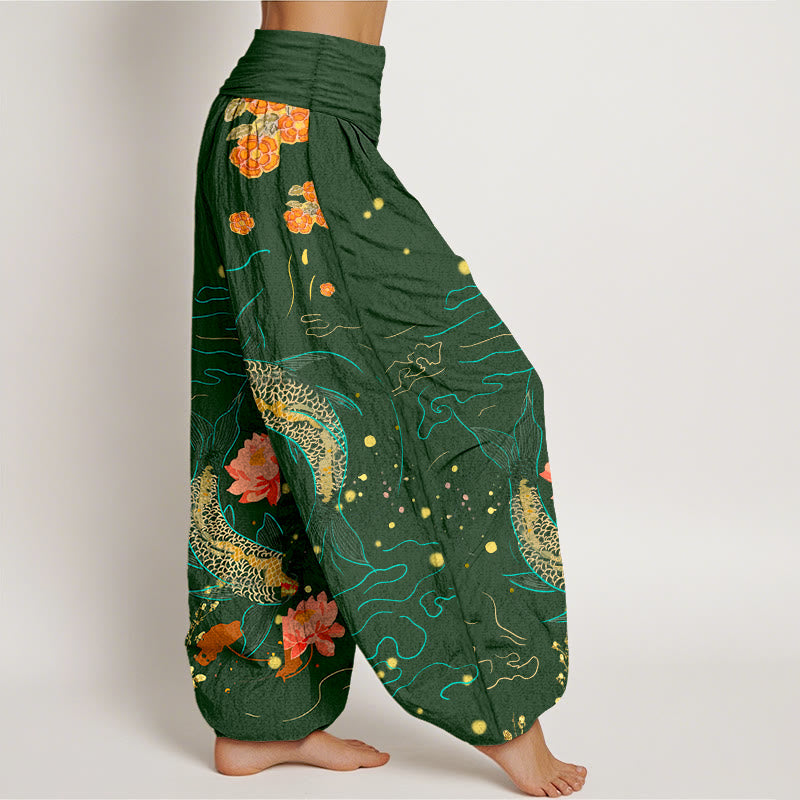 Pantalones harén de algodón puro con estampado de loto y pez koi de Buddha Stones para mujer, cintura elástica - image 9