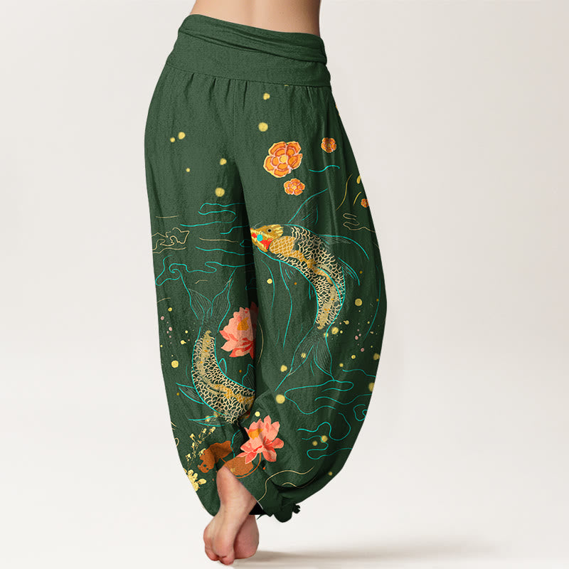 Pantalones harén de algodón puro con estampado de loto y pez koi de Buddha Stones para mujer, cintura elástica - image 10
