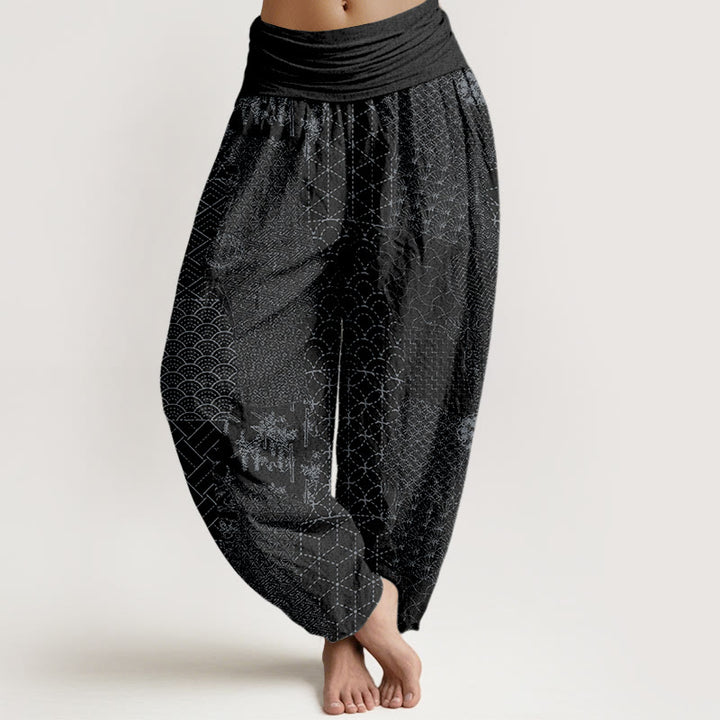 Pantalones harén de algodón puro con estampado geométrico de Buddha Stones para mujer, cintura elástica - Negro - US16，UK/AU20，EU48 (3XL) - image 8