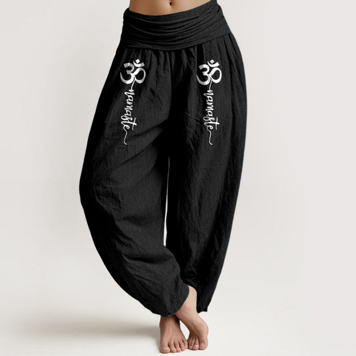 Buddha Stones Pantalones harén de algodón puro con cintura elástica para mujer con estampado Namaste Om - Negro - US16，UK/AU20，EU48 (3XL) - image 5