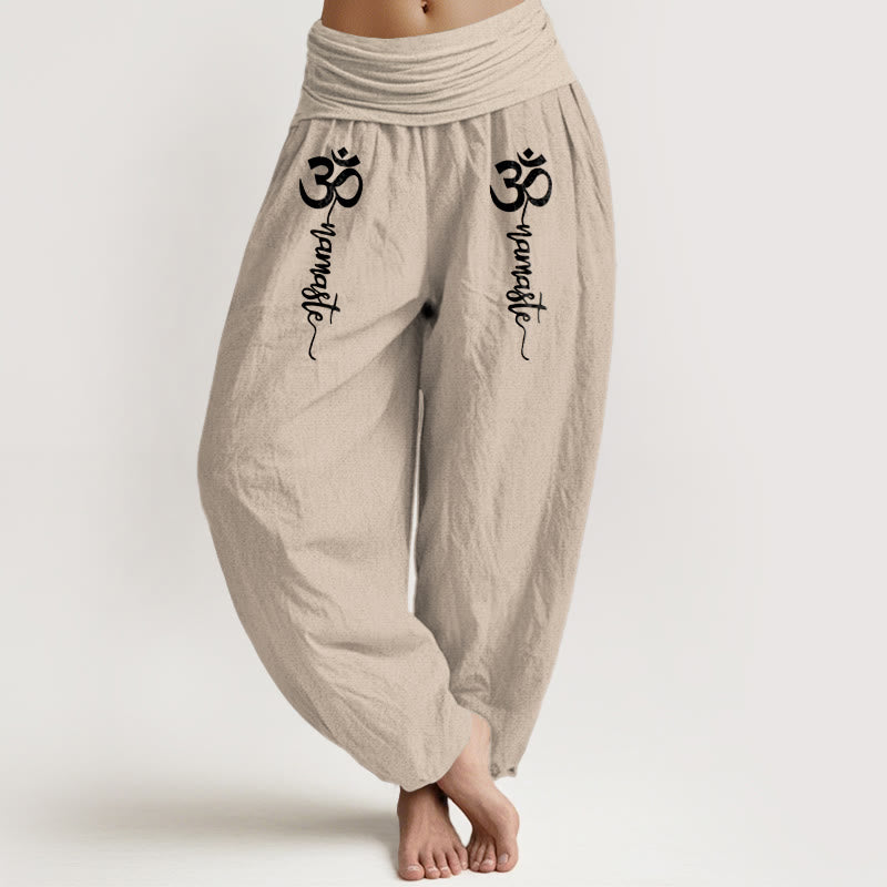 Buddha Stones Pantalones harén de algodón puro con cintura elástica para mujer con estampado Namaste Om - Beige - US16，UK/AU20，EU48 (3XL) - image 14