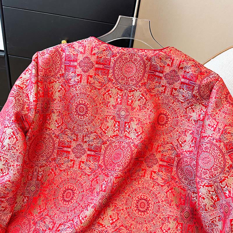 Chaqueta de algodón de manga larga con estampado floral simétrico de jacquard y bolsillos para mujer de Buddha Stones - image 4