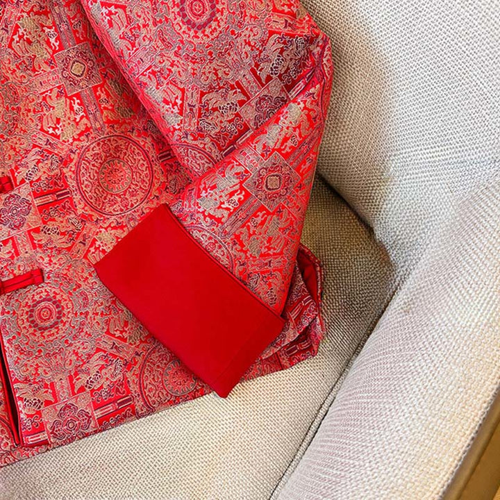 Chaqueta de manga larga con estampado floral simétrico de jacquard y bolsillos para mujer de Buddha Stones - image 10