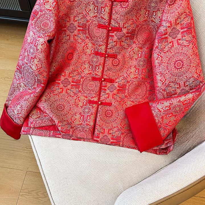 Chaqueta de manga larga con estampado floral simétrico de jacquard y bolsillos para mujer de Buddha Stones - image 8