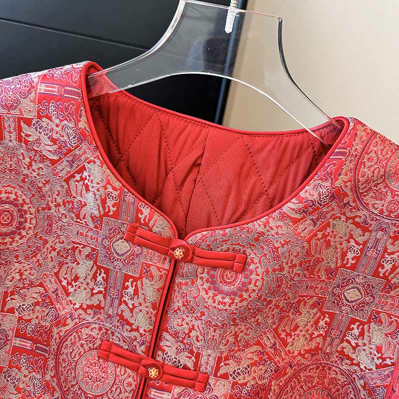 Chaqueta de algodón de manga larga con estampado floral simétrico de jacquard y bolsillos para mujer de Buddha Stones - image 6