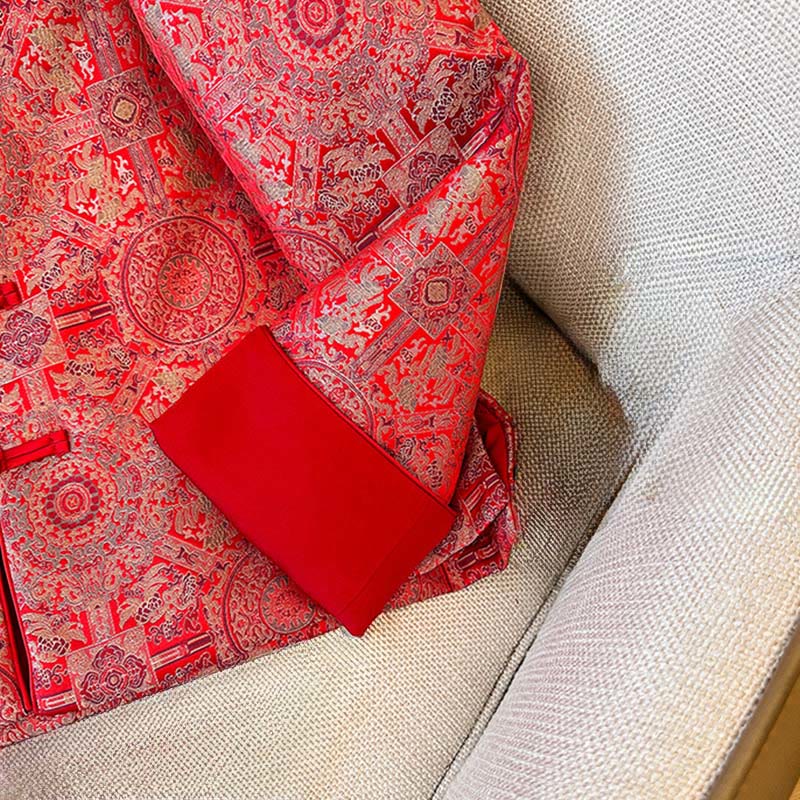 Chaqueta de algodón de manga larga con estampado floral simétrico de jacquard y bolsillos para mujer de Buddha Stones - image 10