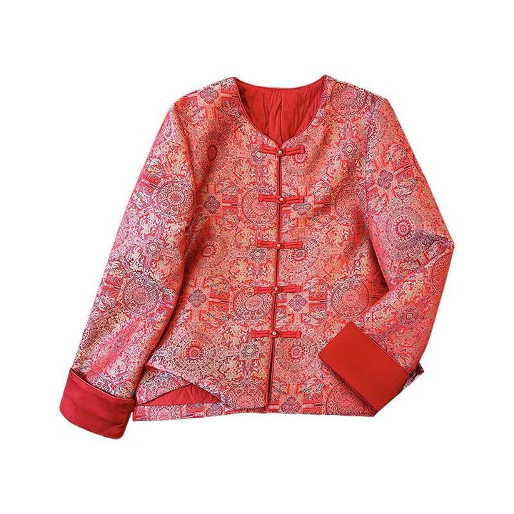 Chaqueta de manga larga con estampado floral simétrico de jacquard y bolsillos para mujer de Buddha Stones - image 13