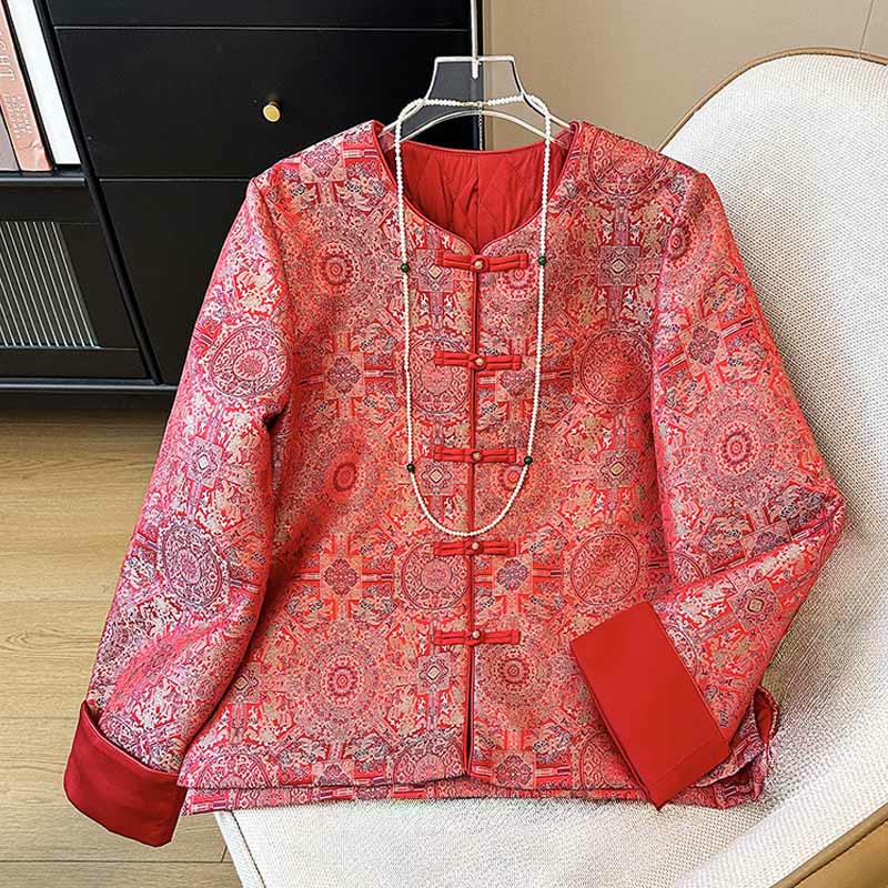 Chaqueta de manga larga con estampado floral simétrico de jacquard y bolsillos para mujer de Buddha Stones - Rojo - US8-10，UK/AU12-14，EU40-42 (2XL) - image 0