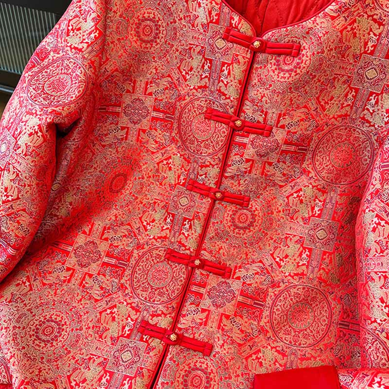 Chaqueta de algodón de manga larga con estampado floral simétrico de jacquard y bolsillos para mujer de Buddha Stones - image 7
