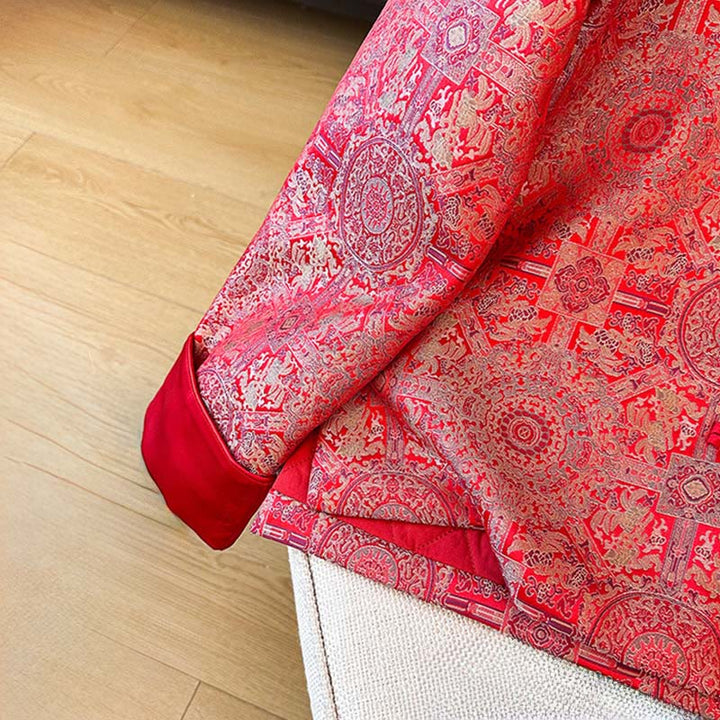 Chaqueta de manga larga con estampado floral simétrico de jacquard y bolsillos para mujer de Buddha Stones - image 9