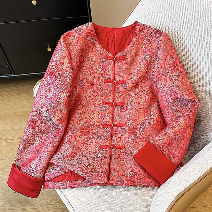 Chaqueta de manga larga con estampado floral simétrico de jacquard y bolsillos para mujer de Buddha Stones - image 1