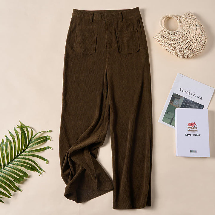 Pantalones anchos de pana y poliéster con botones y bolsillos para mujer de Buddha Stones - SaddleBrown - US14，UK/AU18，EU46 (2XL) - image 0