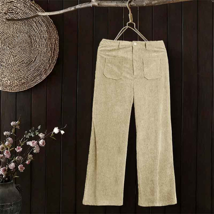 Pantalones anchos de pana y poliéster con botones y bolsillos para mujer de Buddha Stones - Beige - US14，UK/AU18，EU46 (2XL) - image 9
