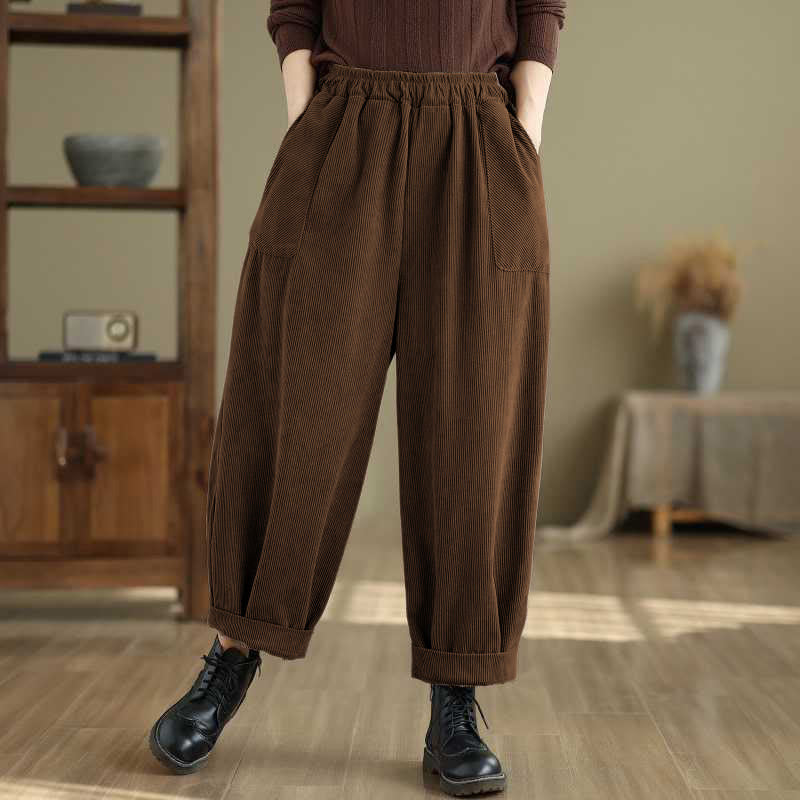 Pantalones harén de pana para mujer, de diseño sencillo, hasta los tobillos, de color liso y con bolsillos , de Buddha Stones, para invierno - Marrón silla de montar - US8-10，UK/AU12-14，EU40-42 (2XL) - image 6