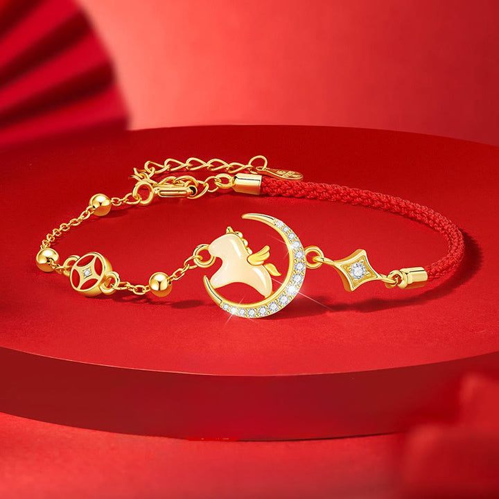 Pulsera de cuerda roja con circón y Buddha Stones, jade hetiano, año del caballo, plata de ley 925 - Caballo, plata de ley 925 y cordón rojo (circunferencia de la muñeca: 14-18 cm) - image 0