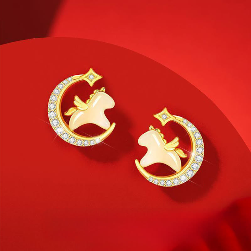 Pendientes de plata de ley 925 con circonitas lunares y jade hetiano del Año del Caballo con Buddha Stones - Jade, plata de ley 925 y circonita (postes de plata de ley 925) - image 0