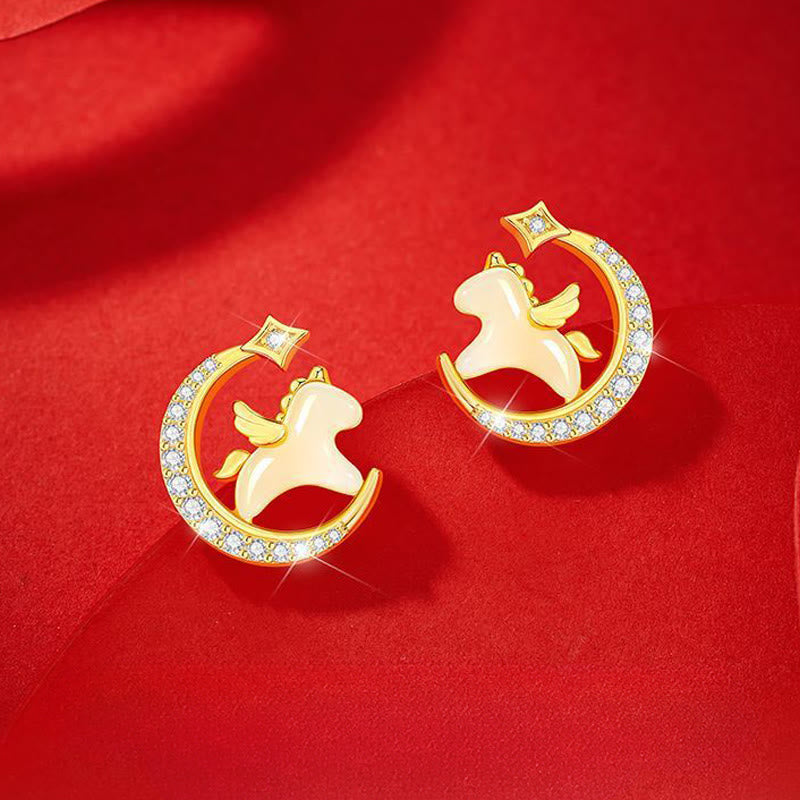 Pendientes de plata de ley 925 con circonitas lunares y jade hetiano del Año del Caballo con Buddha Stones - image 1