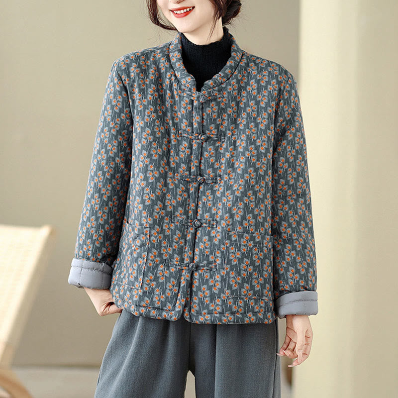 Chaqueta de algodón grueso de manga larga con botones florales de rana de invierno para mujer con bolsillos de Buddha Stones - image 1