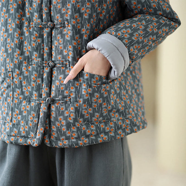 Chaqueta de algodón grueso de manga larga con botones florales de rana de invierno para mujer con bolsillos de Buddha Stones - image 8