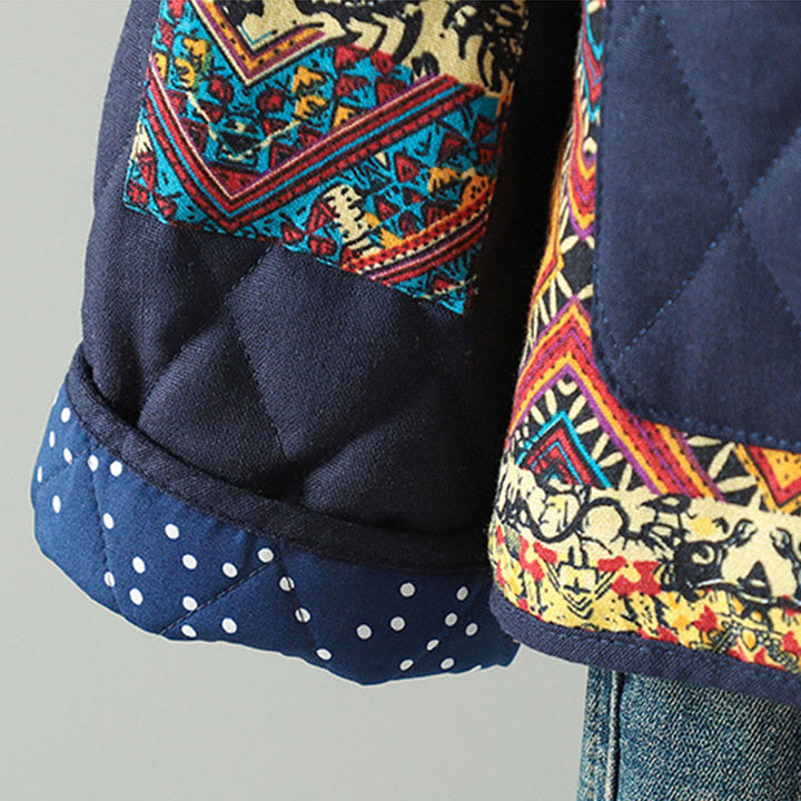 Chaqueta de algodón grueso de manga larga con bolsillos y diseño étnico de Buddha Stones con botones de rana para mujer - image 12