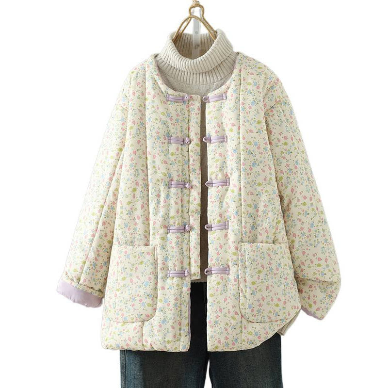 Chaqueta gruesa de algodón de manga larga para mujer con diseño floral de Buddha Stones y bolsillos. - image 10