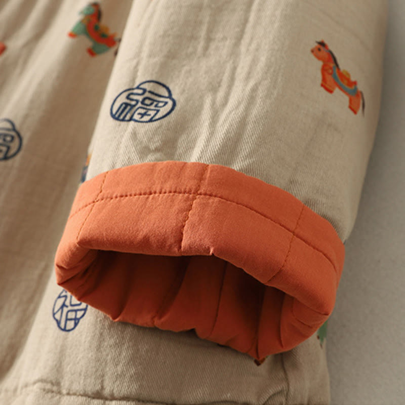 Chaqueta gruesa de algodón de manga larga para mujer con diseño de rana y botones con estampado de Buddha Stones y caballo Fu - image 16