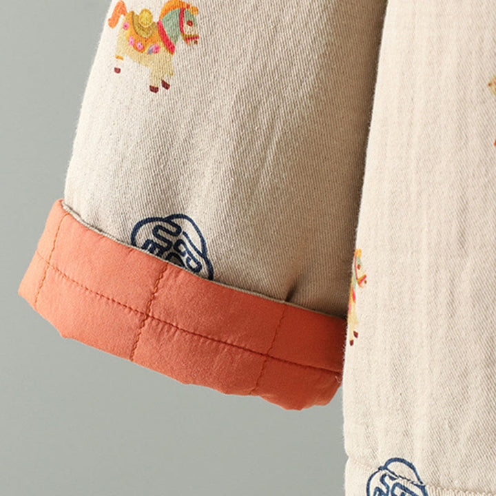 Chaqueta gruesa de algodón de manga larga para mujer con diseño de rana y botones con estampado de Buddha Stones y caballo Fu - image 15