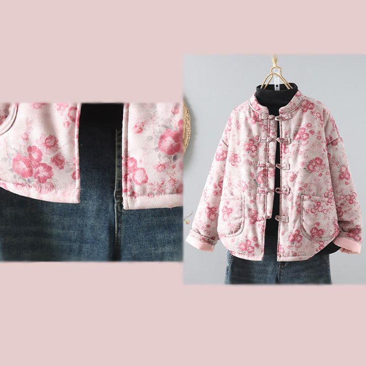 Chaqueta de algodón de manga larga con botones de rana y estampado floral rosa claro para mujer de Buddha Stones - image 8
