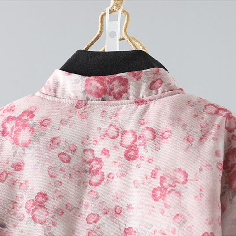 Chaqueta de algodón de manga larga con botones de rana y estampado floral rosa claro para mujer de Buddha Stones - image 3