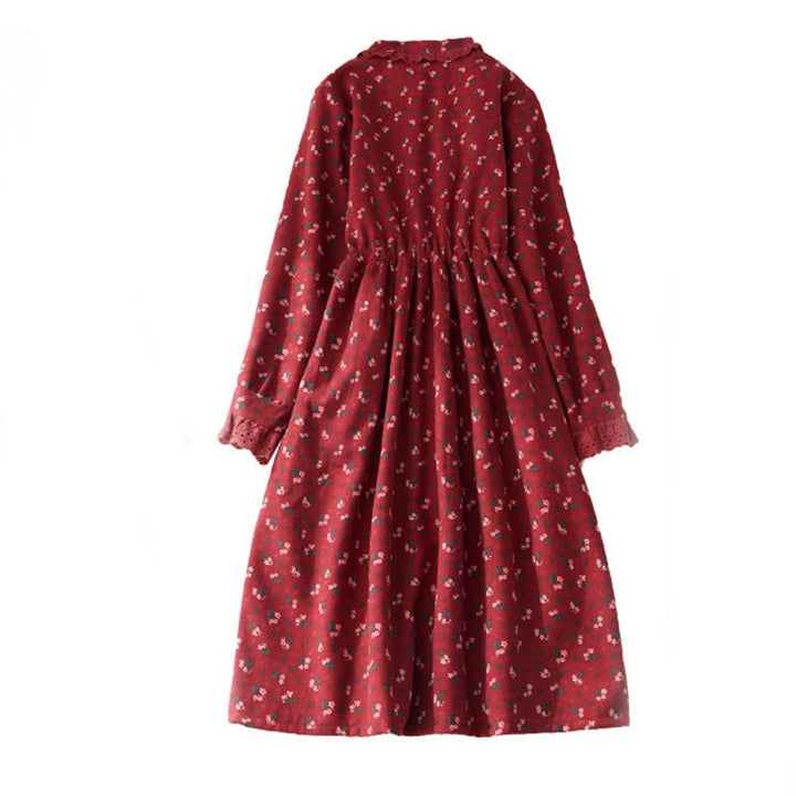 Vestido midi de pana de manga larga con bolsillos y diseño de patchwork de encaje y estampado floral de Buddha Stones - image 3